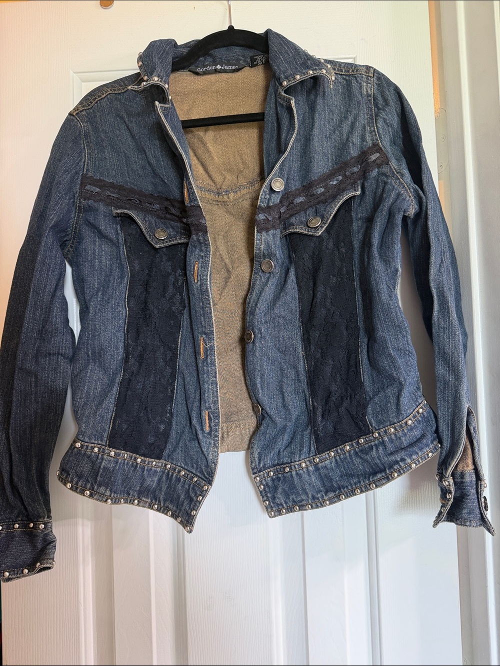 Women's Dark Blue Denim Jacket with Black Lace Panels